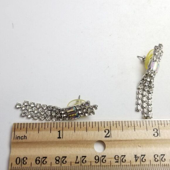 Vintage Rhinestone Fringe Dangle Stud Earrings, Retro Sparkle Fancy Formal - Picture 4 of 5